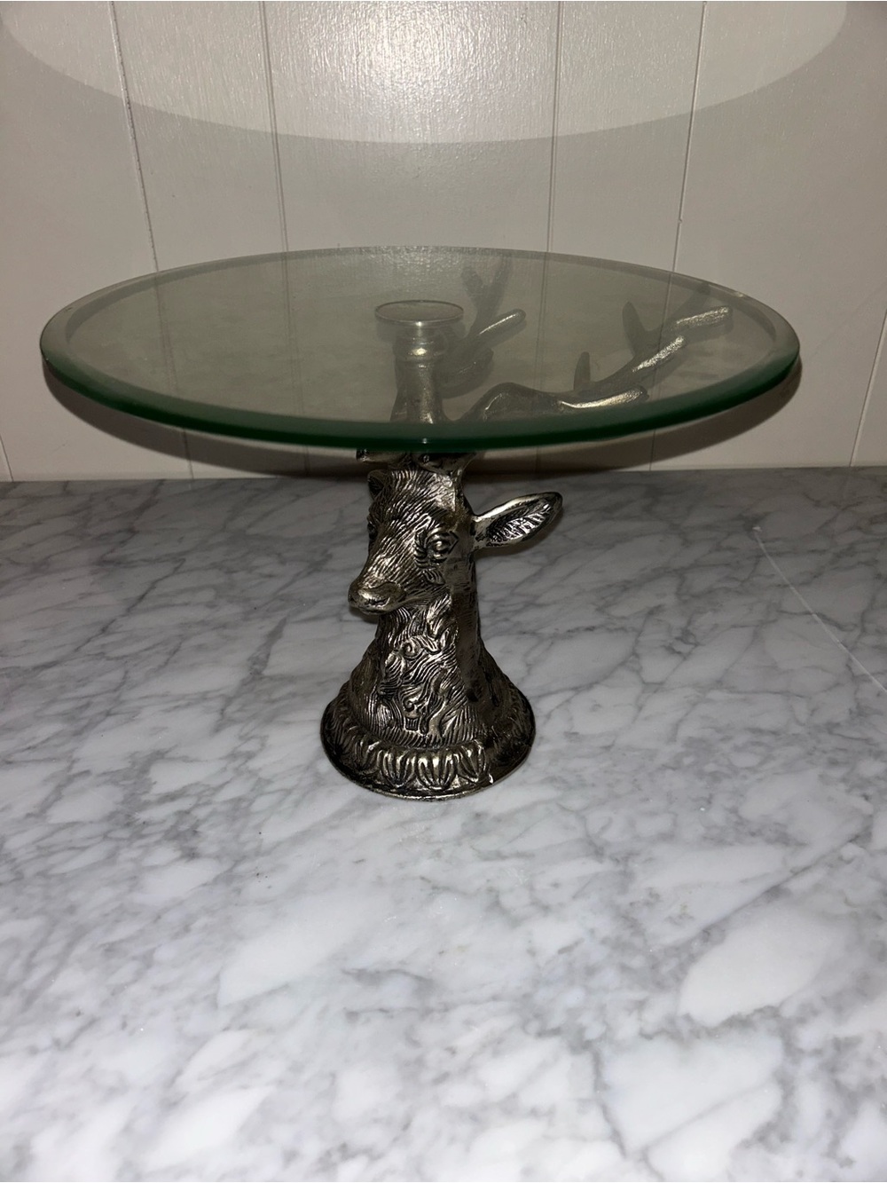 Glass Cake Stand with Silver Deer Head Pedestal - Picture 2 of 7